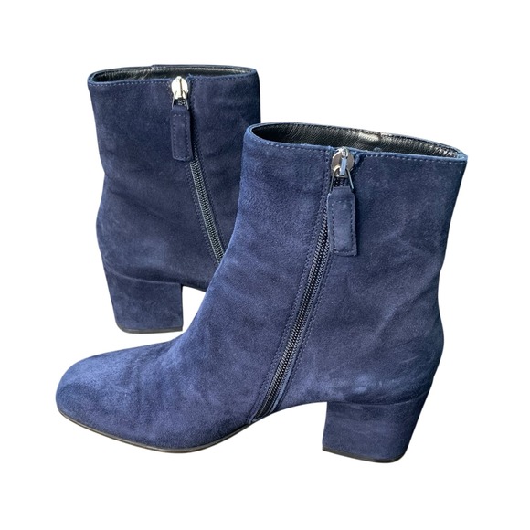Aquatalia Suede Ankle Boots Block Heel Square Toe Blue Boots Minimalist Style - Picture 3 of 14